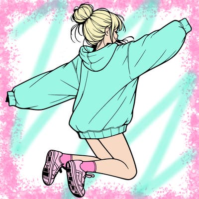 realistic girl jumping with a bun and oversized sweatshirt