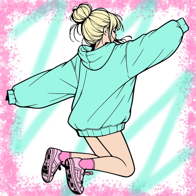 realistic girl jumping with a bun and oversized sweatshirt