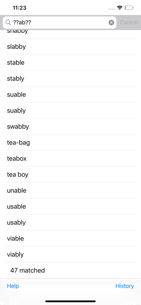 Advanced Crossword Solver - A list of six-letter word search results for the pattern ??ab?? in the Advanced Crossword Solver app.