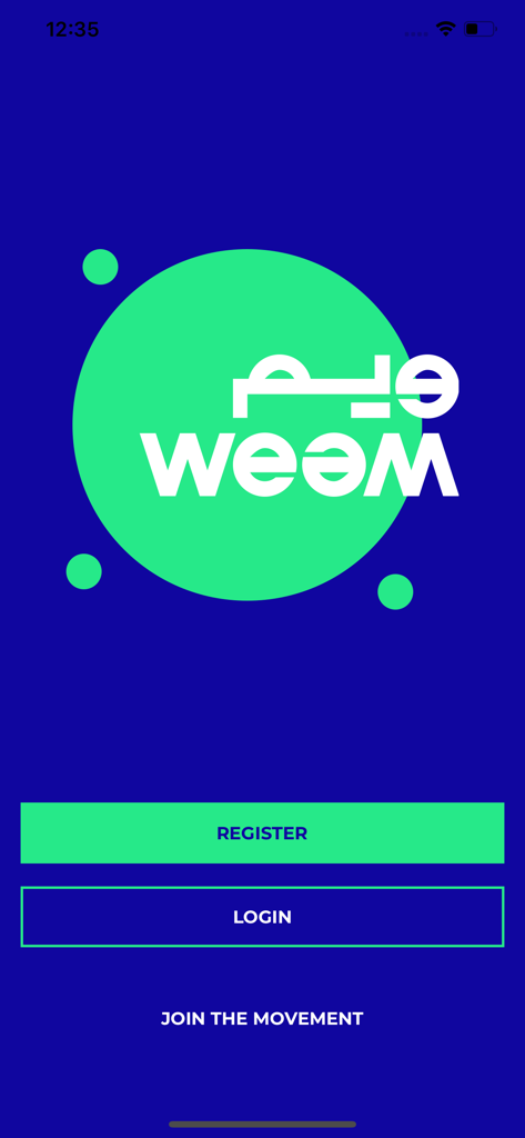 WEEM - WEEM car rental app login and registration screen with a blue background and green buttons