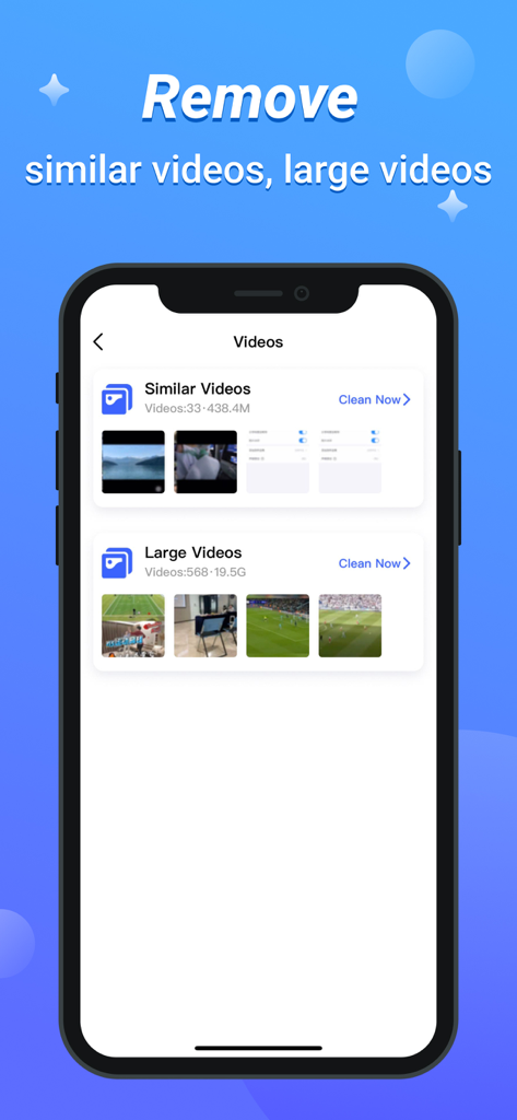 Powerful Cleaner-Clean Storage - Oberfläche der Powerful Cleaner App, die Optionen zur Bereinigung ähnlicher und großer Videos anzeigt