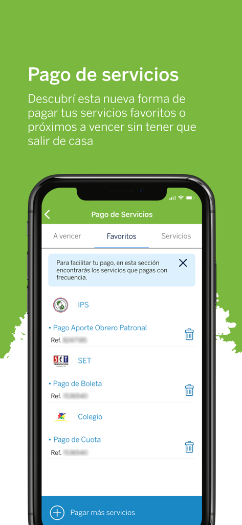 BGNB Personas - Pantalla de la aplicación móvil BGNB Personas que muestra opciones de pago de facturas para varios servicios