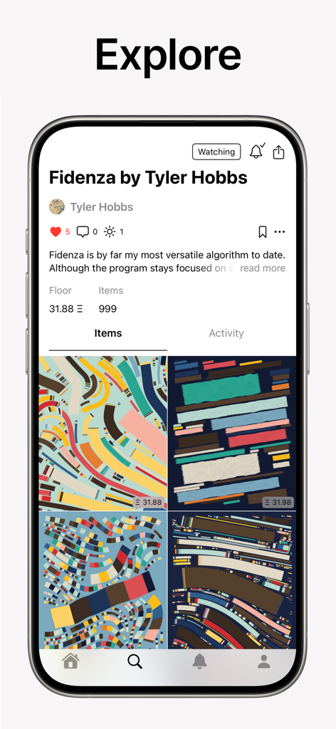 Explore screen of the Deca Art app displaying a generative art collection by Tyler Hobbs with floor price and item count