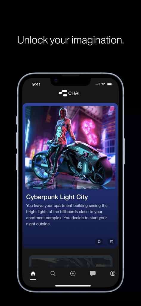 Chai mobile app interface displaying a cyberpunk character and immersive roleplay storyline