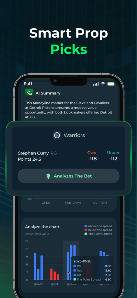 Picks AI - Sports Betting Tool - Picks AI app interface showing smart prop picks analysis for Stephen Curry with performance charts.
