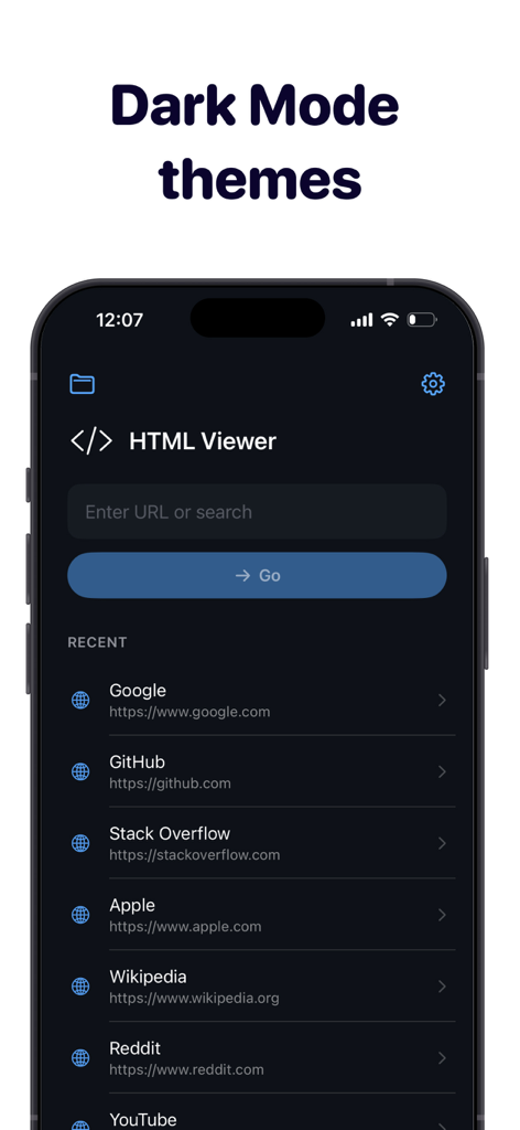 Html editor: html viewer - Interface do aplicativo Visualizador HTML no iPhone com tema de Modo Escuro e lista de sites recentes