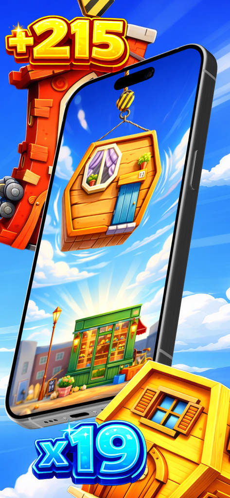 Strong Whisper Expert - Captura de pantalla de un juego móvil que muestra una grúa levantando una pieza de casa de madera con multiplicadores de puntuación en un colorido pueblo de dibujos animados