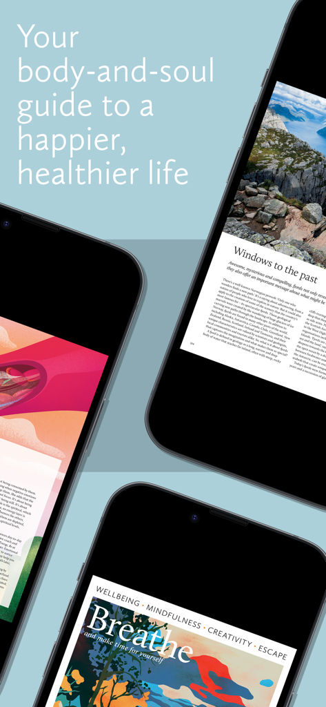 Tres teléfonos móviles que muestran artículos y portadas de la aplicación de la revista Breathe centrados en el mindfulness y el bienestar