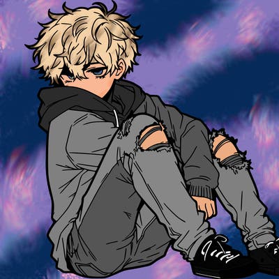 a male hoddie ripped jeans messy hair anime