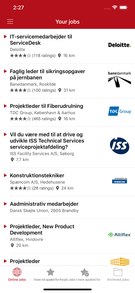 Jobindex: Søg job og arbejde - A list of various job openings in Denmark displayed on the Jobindex mobile app interface showing job titles company logos and ratings