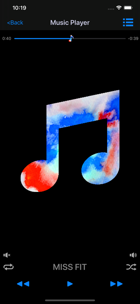 Video 2 Music  Audio Converter - Music player screen of the Video 2 Music app displaying playback controls and a colorful musical note icon.