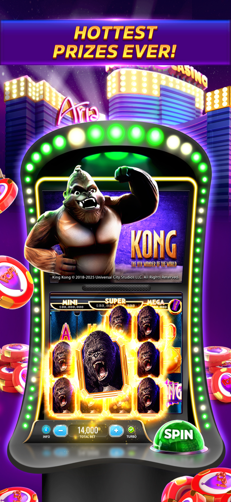 POP! Slots™ - Slot machine virtuale a tema King Kong nel gioco mobile POP Slots con sfondo di Las Vegas
