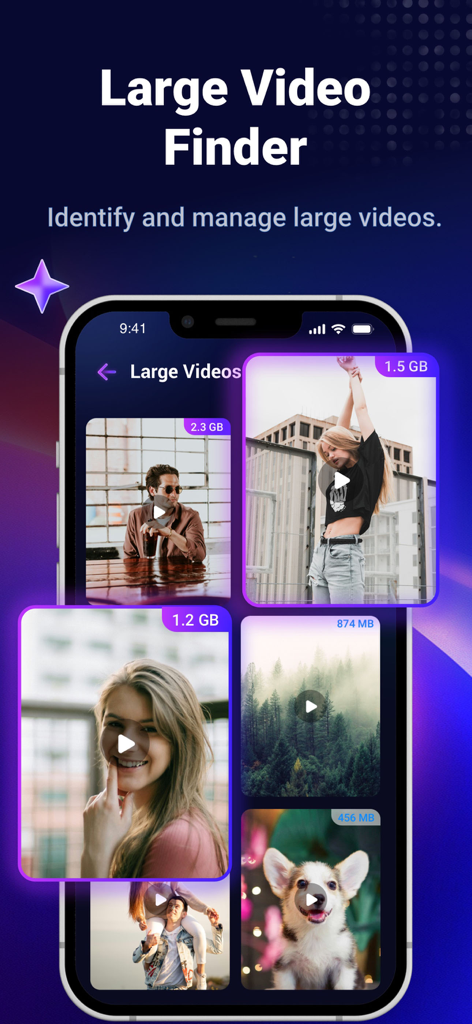 Quick Cleaner:Clean Up Storage - Quick Cleanerアプリの「大容量動画ファインダー」インターフェース。動画がストレージサイズ別にソートされており、簡単にクリーンアップできます。