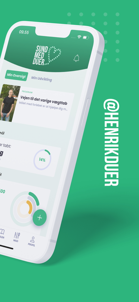 Sund med Duer - Captura de tela do painel do aplicativo móvel Sund med Duer mostrando rastreamento de progresso e visão geral do programa de perda de peso.