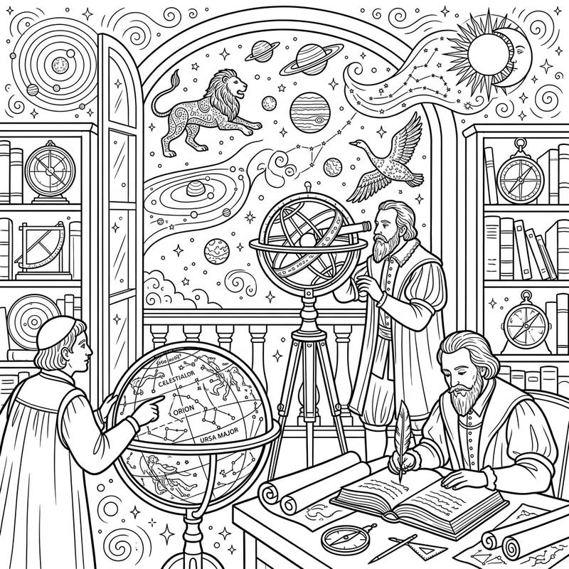 Journey back in time with this engaging coloring page featuring Renaissance Astronomers. Discover celestial instruments, planets, and constellations as you bring this scientific exploration to life.