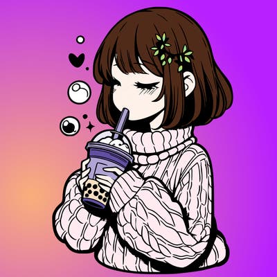 manga girl drinking boba in cozy sweater