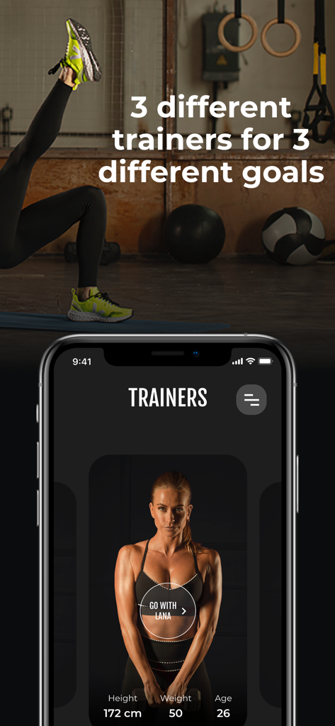 Fitness for Women - Fit Flame - Pantalla de la aplicación Fit Flame que muestra a la entrenadora Lana con estadísticas de fitness personalizadas y objetivos de entrenamiento de 30 días