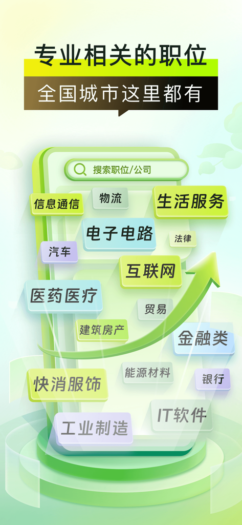 Promotional graphic of the Yingjiesheng Qiuzhi mobile app showing various job industry tags such as Internet Finance and IT for college graduates