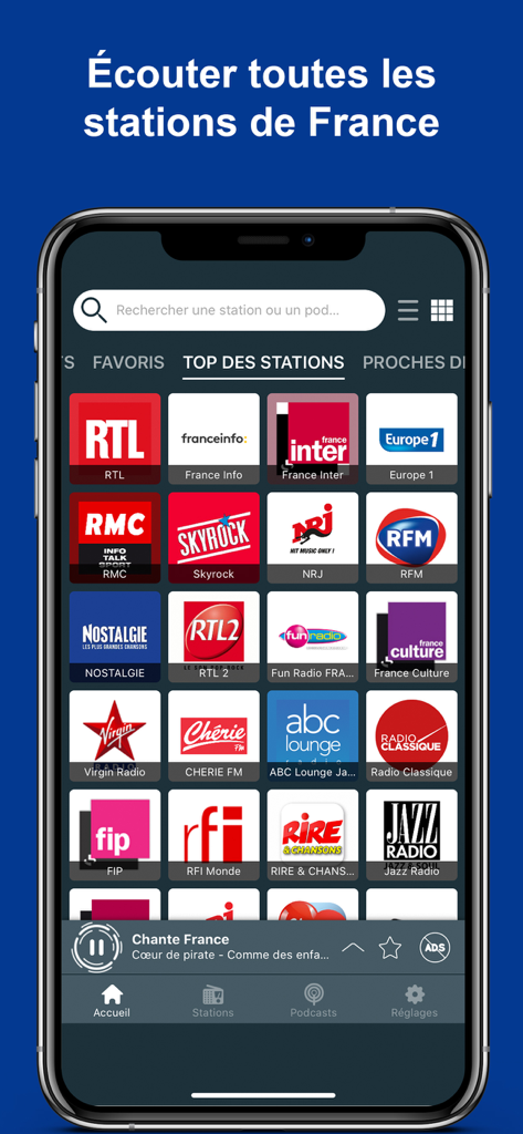 Screenshot of the France Radio app showing a list of top French radio stations like RTL, NRJ and Skyrock on an iPhone.
