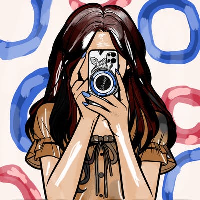 a realistic girl holding her phone taking pictures