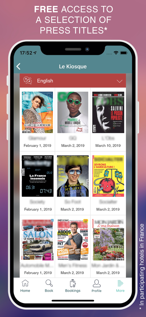 El quiosco digital de la app Louvre Hotels Group ofrece revistas y periódicos gratuitos durante tu estancia.