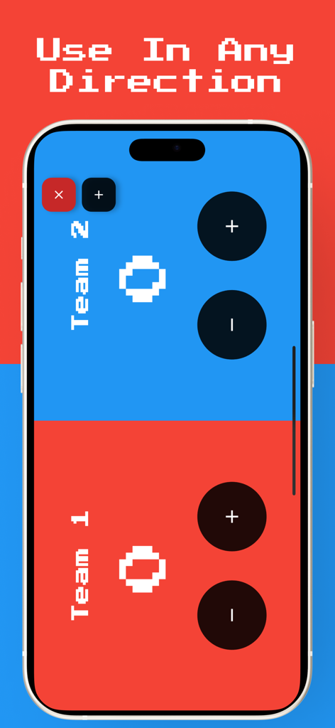 Score Keeper - Scoreboard - Score Keeper app interface showing a split screen for two teams in a retro arcade style.