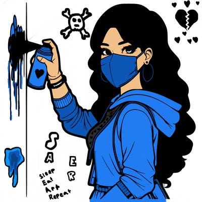 realistic girl with mask spray painting a wall