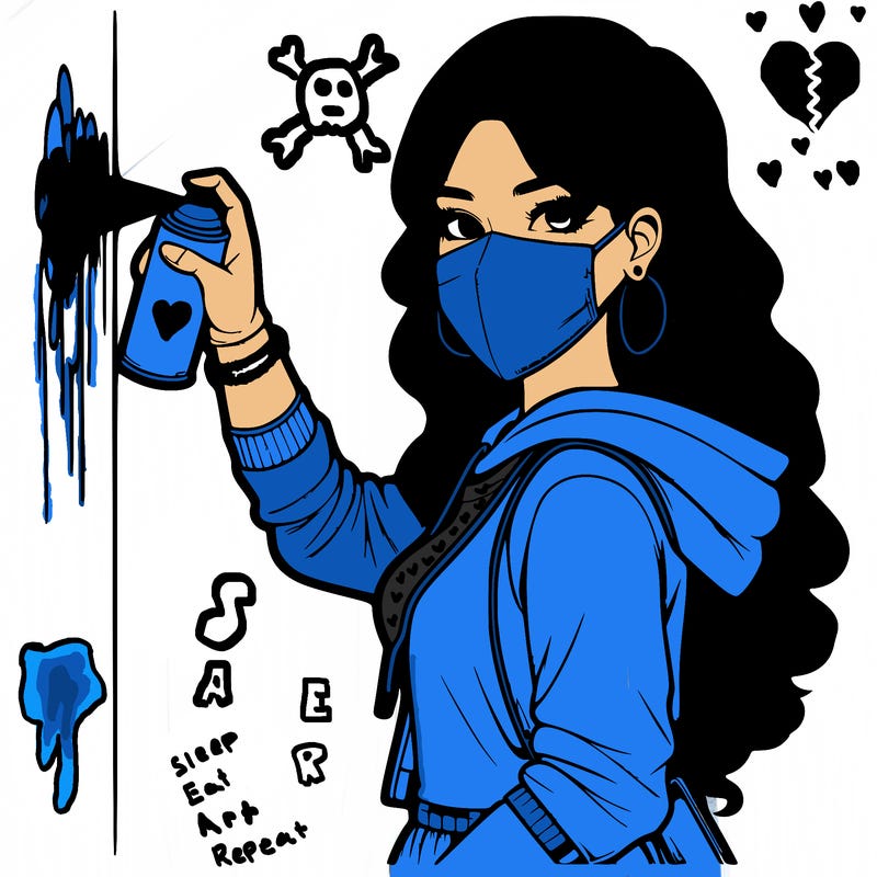 realistic girl with mask spray painting a wall