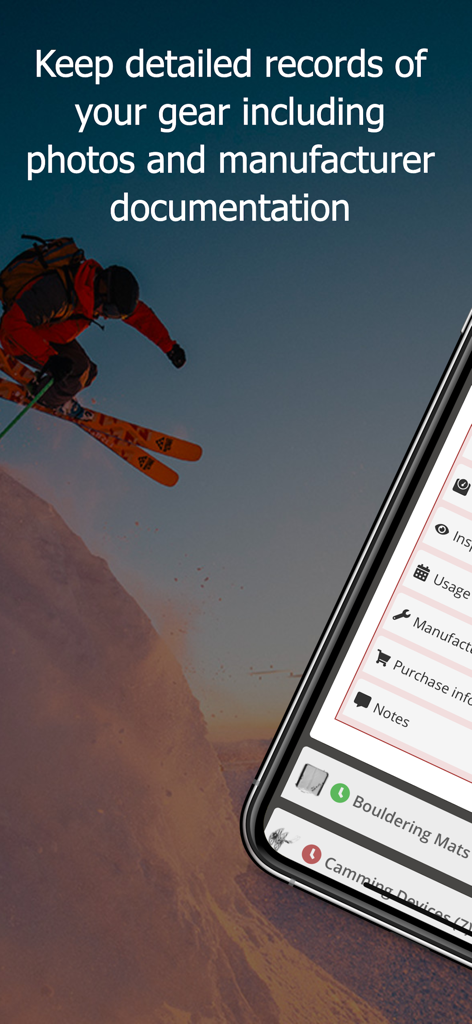 GearLog mobile app interface for recording gear details and manufacturer documentation