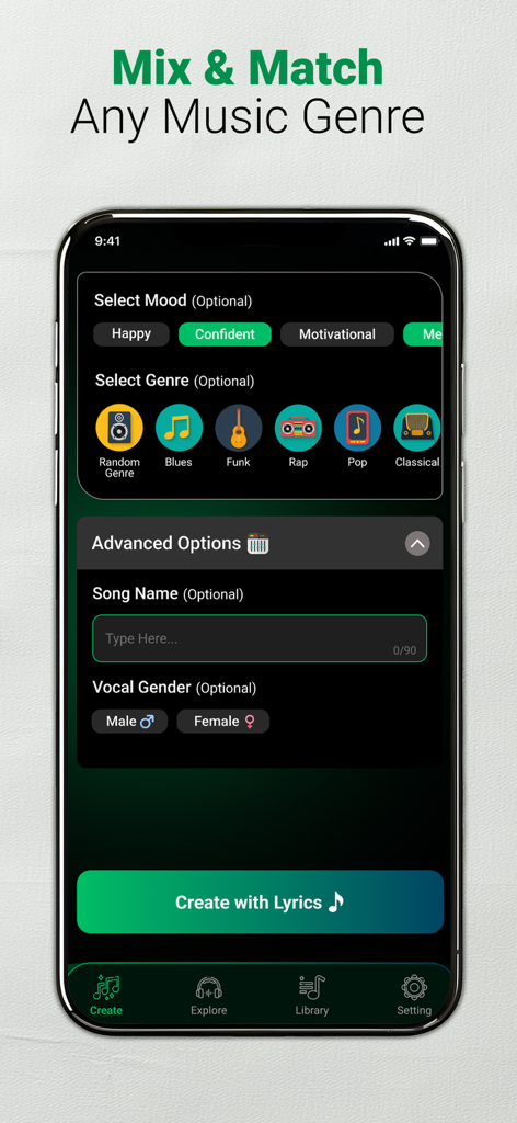 AI Music Song Generator: Sonu - Sonu AI music app screen showing music genre and mood selection options for song generation