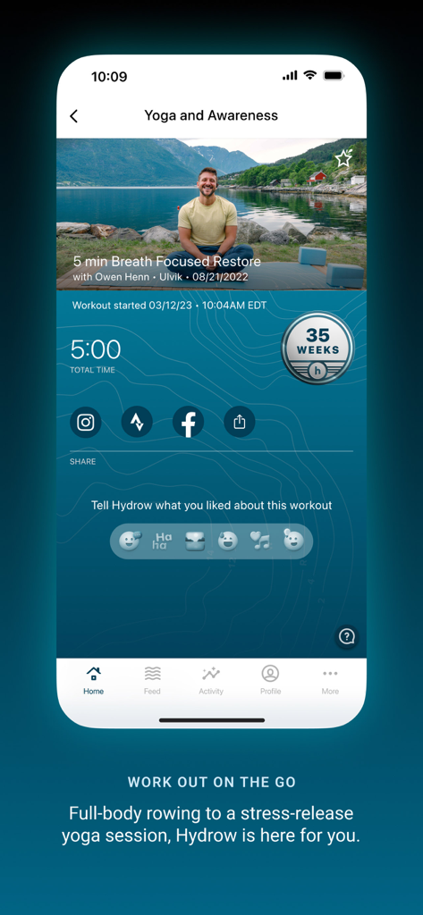 Hydrow app interface showing a 5 minute yoga and awareness session with a scenic mountain backdrop