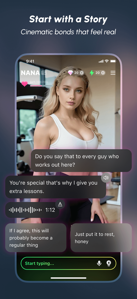 LiveC - Living AI Companion - Interface de chat interativo da história do aplicativo LiveC com um personagem de IA chamado Nana.