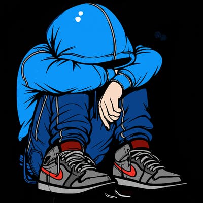depressed man wearing hoodie and jordan shoes and baggy jeans