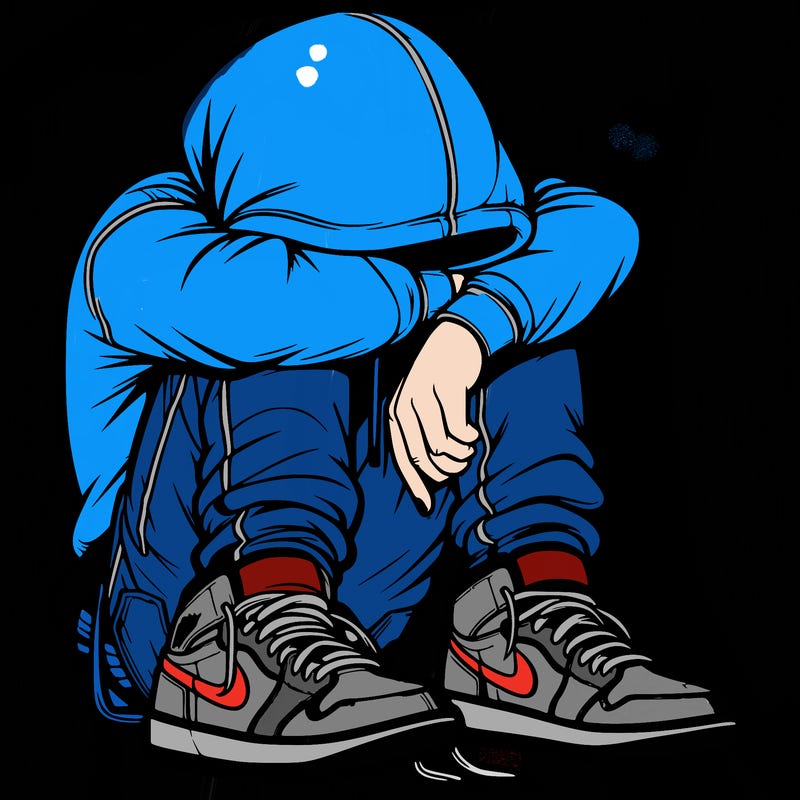 depressed man wearing hoodie and jordan shoes and baggy jeans