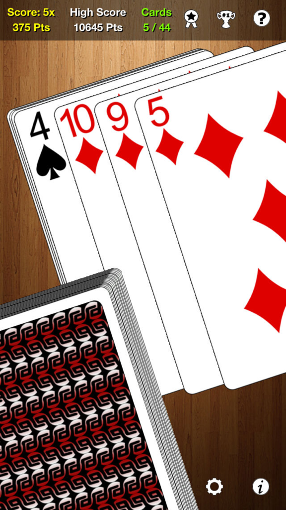 One Handed Solitaire - Gameplay screen of One Handed Solitaire featuring a deck of cards and scoring information.