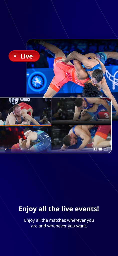 Interface showing live wrestling match streaming and multiple event views in the UWW app