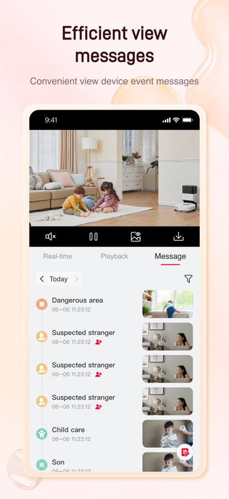 Metfone Home - Metfone Home App-Bildschirm, der eine Liste von Sicherheitsevent-Benachrichtigungen und Kameraalarmen anzeigt