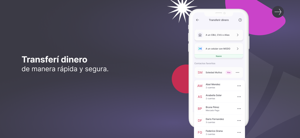 Supervielle - Mobile phone screen showing the money transfer options and contact list in the Supervielle banking app