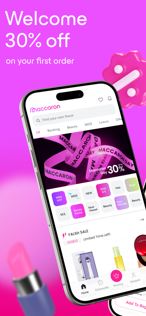 Maccaron skincare shopping - Interface do aplicativo de beleza Maccaron exibindo uma oferta de boas-vindas com 30 por cento de desconto e uma variedade de categorias de skincare coreano