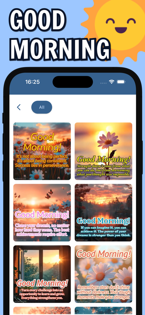 Good Morning Messages & Wishes - Good Morning Messages app displaying a collection of inspirational greeting cards with nature and flower images