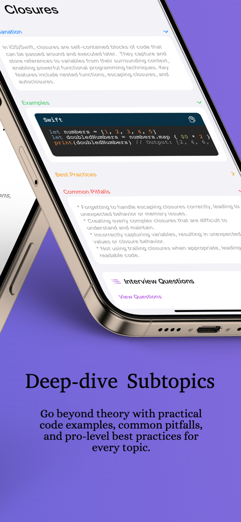 Interview Genie - Swift 클로저 설명과 코드 예제를 보여주는 Interview Genie 앱 인터페이스.