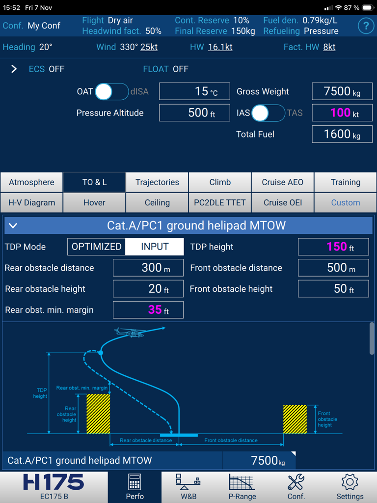 H175 Flight Perfo - Interfaz de rendimiento de vuelo del Airbus H175 para cálculos de despegue en helipuerto con diagrama de trayectoria de vuelo.