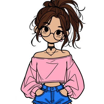 girl with a messy ponytail glasses a baggy crop top and jean shorts