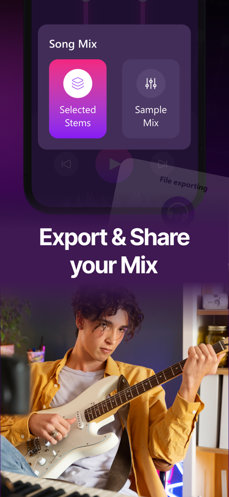 Vocal Remover: Music Separator - Export and share music stems interface featuring a guitarist playing an electric guitar