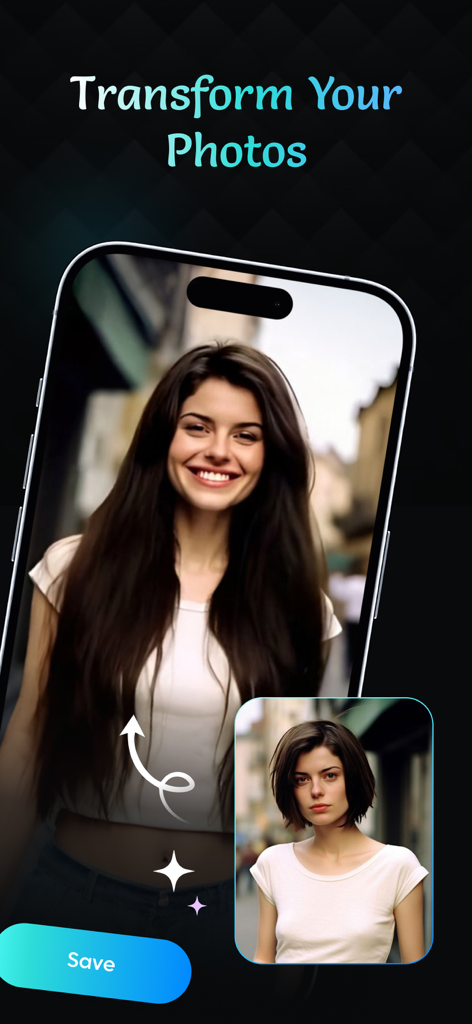 AI Kiss Video Maker : AI Hug - A mobile screen showing the AI photo transformation feature from a short hair portrait to long hair.