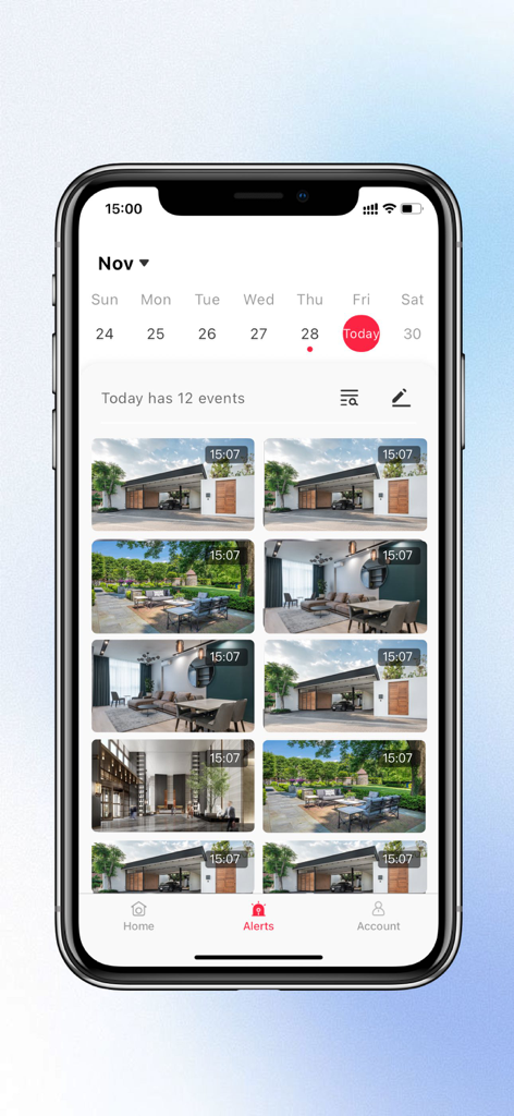 Veesky - Veeskyアプリのインターフェース。カレンダーとセキュリティカメラのアラートサムネイルが表示され、録画されたイベント用