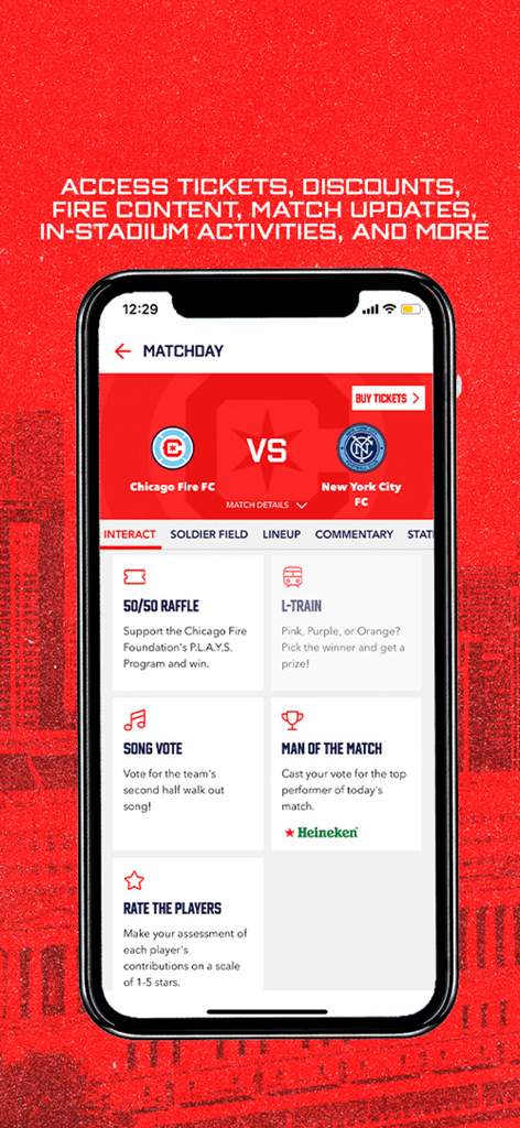 Chicago Fire FC - Interfaz de la pantalla del día de partido de la aplicación móvil Chicago Fire FC que muestra funciones interactivas para aficionados