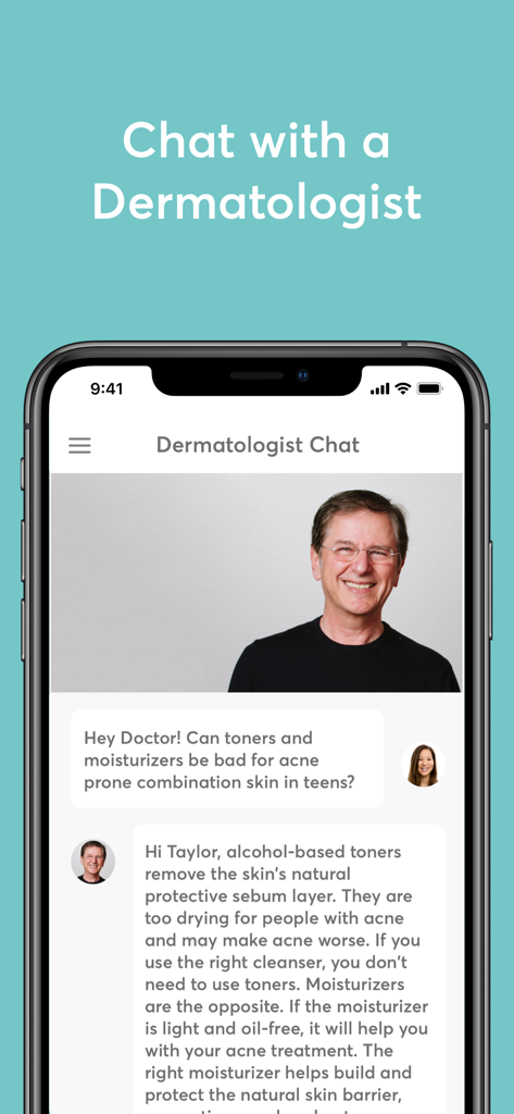 MDacne - Custom Acne Treatment - Interface de l'application MDacne montrant une fenêtre de discussion où un utilisateur reçoit des conseils de soin de la part d'un dermatologue