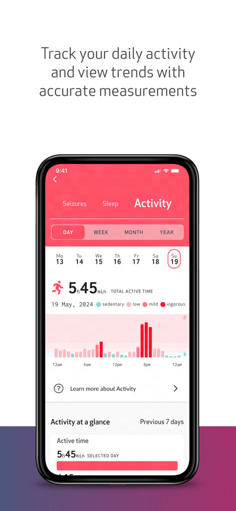 EpiMonitor by Empatica - EpiMonitor app interface showing daily activity trends and total active time for epilepsy management.
