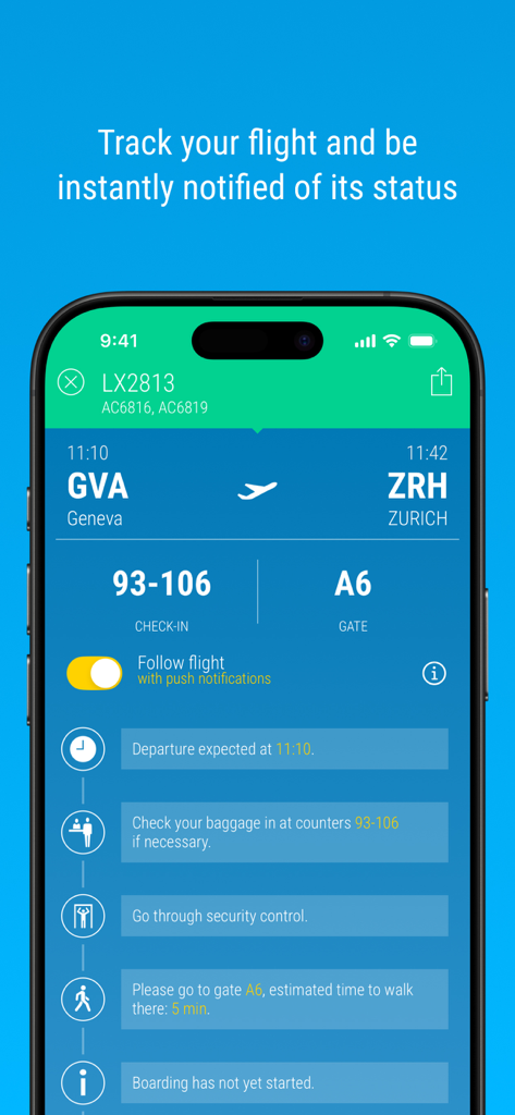 Genève Aéroport (GVA) - Geneve Aeroport app interface showing real-time flight status from Geneva to Zurich including gate and check-in details